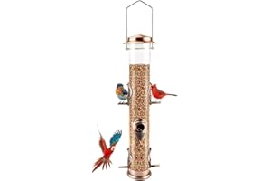 MIXXIDEA Vogelfutterspender aus Metallrohr für den Außenbereich, zum Aufhängen, für Wildvögel, 6 Anschlüsse, hängende Vogelfutterstation, zieht Vögel im Garten, Balkon an – Antikes Kupfer – 1 Packung