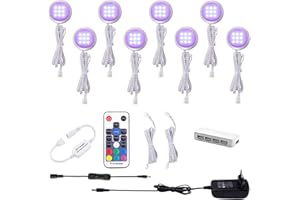 AIBOO Cocina LED RGB debajo de la lámpara del gabinete con control remoto inalámbrico RF, Iluminación empotrada ultradelgada redonda para armario, Luces LED RGB para escaparate 12V 16W(Paquete de 8)