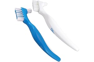 DENTAL AESTHETICS Brosses pour Dentiers (Lot de 2) Bleu et Blanc ~ Manche ergonomique, Double brosse
