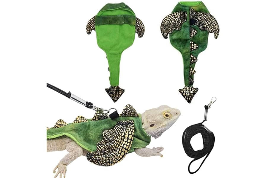 CQJ Bearded Dragon Harness Leash Set, Dinosaur Cosplay Halloween Pet Costume for Bearded Dragon Reptiles (Small)