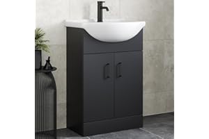 Affine® 560mm Vanity Unit Basin Sink Bathroom Storage Cabinet Cupboard Freestanding, Single Tap Hole Ceramic Wash Basins, Soft Close Doors, Matt Black