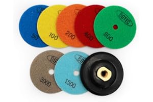 BGTEC 100mm Dry Diamond Polishing Pads Set,7 Pieces Pads Plus Rubber Hook and Loop Backing Pad for Marble Stone Quartz Tiles Floor Edges Countertop Polishing