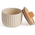 Lunavita Salt Cellar Keeper with Bamboo Lid, 14oz Big Capacity Ceramic Sugar Bowls Pepper Box, Crackle Glaze Seasoning Container Condiment Pot for Kitchen, (Cream Color), 4″×4″