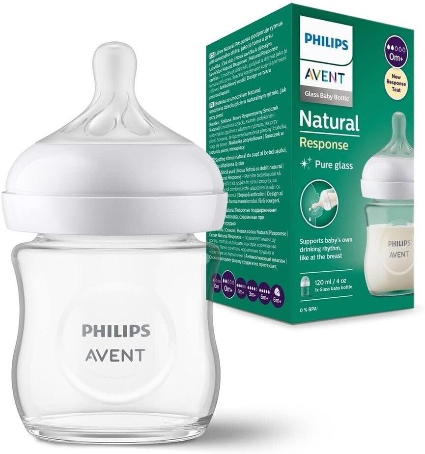 Philips Avent Doğal Tepkili Cam Biberon, 120 ml, 0 Ay+, Akıtmaz Emzik, Kolik ve Gaz Önleyici, BPA İçermez, SCY930/01