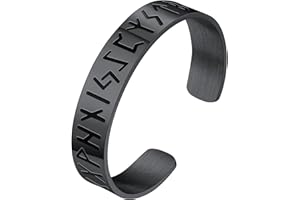 FaithHeart Men's Viking Cuff Bracelets, Norse Runes Thors Hammer/Wolf/Celtic Tree Open Bangle Stainless Steel/Black Plated, Adjustable Wristband Bracelet Engraved - With Gift Box