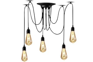 YNXing Edison - Lampadario a sospensione regolabile, colore nero, 1/3/5/6 testa (5 supporti per lampadine)
