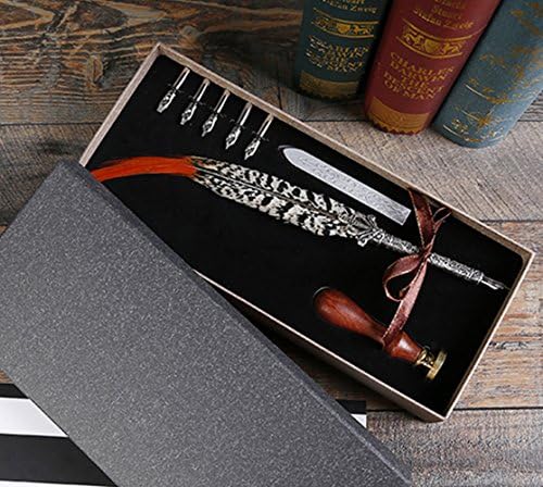 WalkingToSky Antique Feather Pen Set Metal Carving Calligraphy Pen Feather Quill Dip Pen Sign Pen for Wedding Part