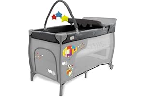 Asalvo Cuna de Viaje 4 en 1 para Bebé con Doble Altura, Arco de Juegos, Plegado Compacto, Base Acolchada y Bolsa de Transporte Mix Plus Zeppelin Gris