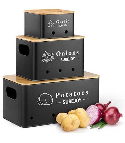 HOMEWOOD Onion Storage & Garlic Storage [Set of 2 - Stackable - Acacia Wood] Kitchen Storage
