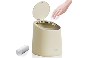 BAILTOUK Poubelle de Table Avec Couvercle à Bouton-Poussoir, 2L Mini Poubelle Salle de Bain, Poubelle de Bureau Poubelle Salle Bain pour Salon, Bureau, Couleur Crème (13×14.7×17cm)
