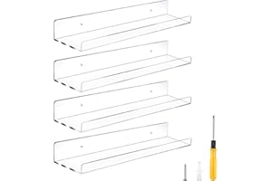 Jansburg Floating Shelves 15 inch Acrylic Wall Ledge Shelves Clear 4 Pack Invisible Display Bookshelf 5MM Thick Premium Wall Mounted Shelf Bathroom Display Organizer