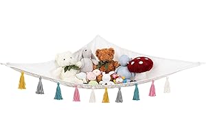 Mkono Toy Hammock Stuffed Animal Hanging Macrame Stuff Animals Organizer Storage with Colorful Tassels Boho Large Corner Toys Net Holder for Nursery Play Room Bedroom Kid Room, White 47"x47"x63"