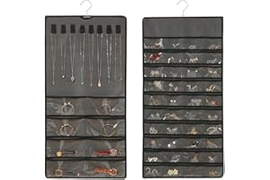 XZMCAT Doppelseitig Hängende Schmuck Organizers, Schmuckaufbewahrung mit 48 Taschen und 8 Haken und Loop Kleiderschrank, Aufbewahrungstasche über Der Tür Schmuckorganizer zum Aufhängen, Grau