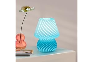 ONEWISH Lampe Champignon-Lampe de Table avec Verre à Rayures, Lampe de Chevet Chambre, Salon, Café, Bureau, Ampoule Incluse, Cadeau pour les Filles, Femmes, Anniversaire, Nouvelle Année, Bleu