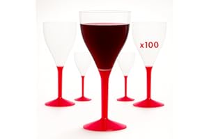 Table'Colors Lot de 100 Verres A Pied Plastique Lavable et Reutilisable - Emboitage Parfait, Grande Stabilité, Idéal Mariage, Anniversaire, Réceptions - Contenance 16cl (Rouge)