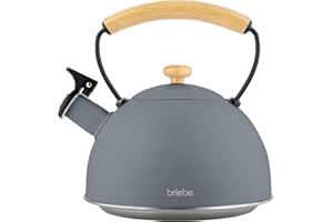 briebe Nordic Bollitore Induzione a Fischio 2,3 L, Acciaio Inossidabile, Tutti Fornelli: Vetroceramica, Gas, Elettrico, Manico in Legno Cool Touch, per Tè, Caffè, Tea Pot, Grigio