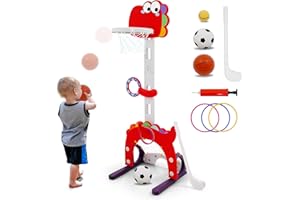 HOMCENT Toddler Multifunctional Sports Set, Outdoor Indoor Adjustable Hoop for Kids 1-8, Includes Basketball, Soccer, Golf, Ring Toss, Ball Toss