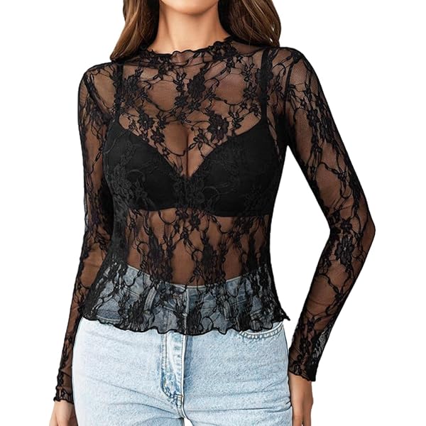 FASHMAD Black Transparent Shirt for Women Balloon Long Sleeves Net