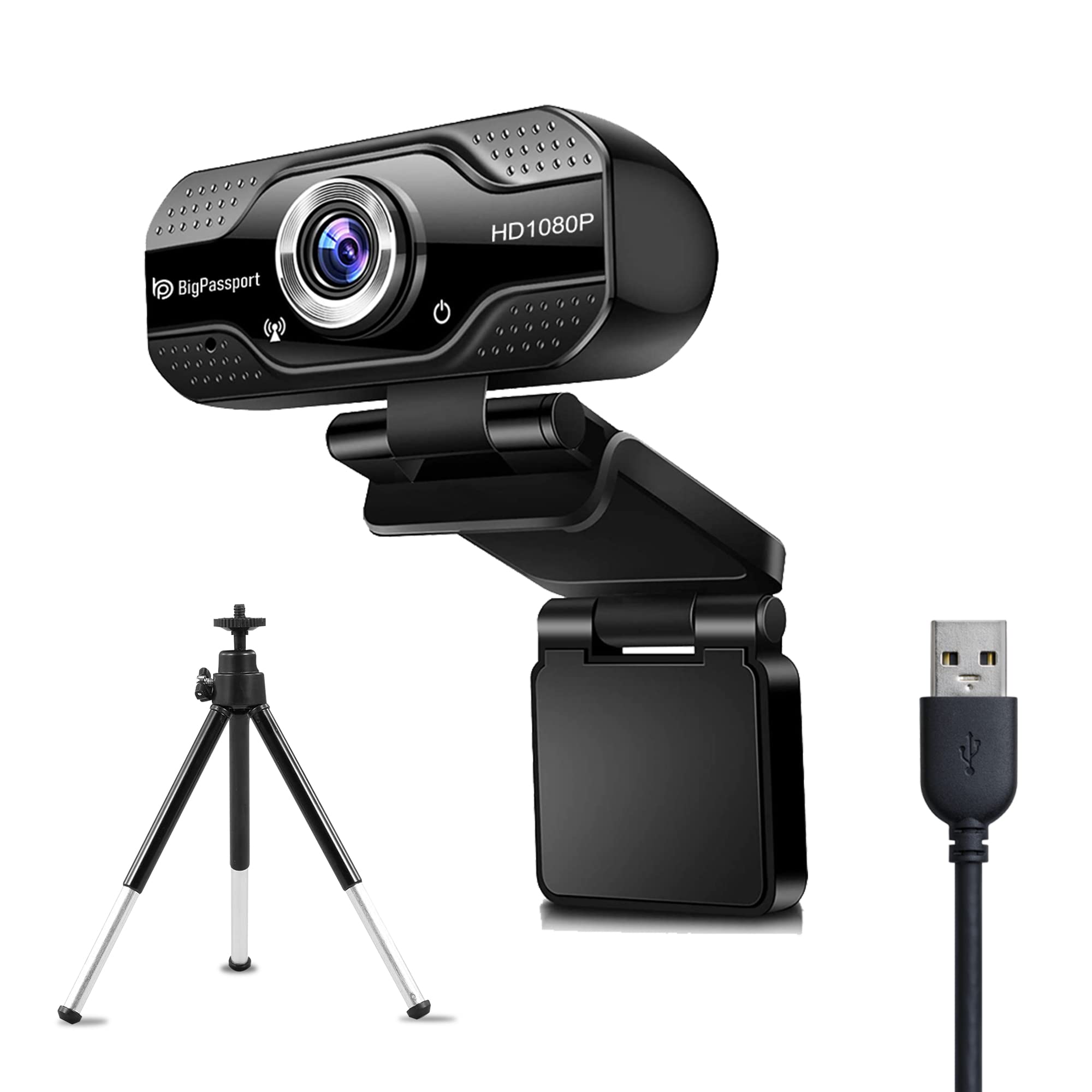 BigPassport 1080P/30fps 5P lens Full HD Webcam with Tripod & Inbuilt Microphone, Advanced Human Face Detection, Laptop Deskto