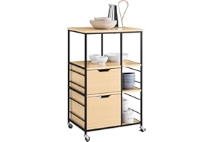 SoBuy Mobile cucina con cassetti e ripiani carrello cucina con ruote in stile industriale credenza cucina salvaspazio per dispensa, isola cucina piccola, cassettiera Legno Naturale 89x53x37cm FKW111-N