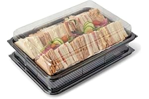 Caterline 10 x Large Reusable & Recyclable Plastic Serving Platters 450mm x 310mm x 75 Deep Black Base/Clear Lids