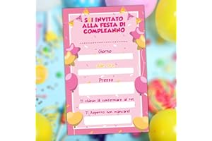PRINTSERVIS 20 Inviti per FESTA di COMPLEANNO con Busta, Stampa su cartoncino Premium, Grafica e Stampa Sorprendente, Eleganti e facile da compilare (Rosa)