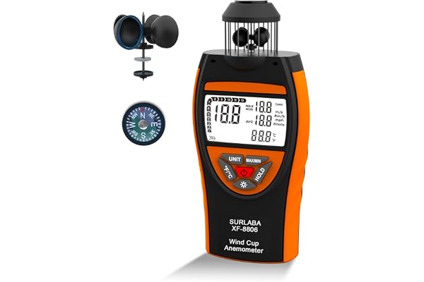 Anémomètre Numérique, 4 Cups Wind Speed Meter 0.7~42m/s, Portable Anemometer Mesurer Vitesse du Vent MAX/MIN/AVG et Température (℃/℉), Air Flux Indicateur avec Boussole pour Drone, Voile, Surf