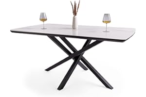 Spinningfield Dining Table - 6 Seater Kitchen Table for Dining Room - Rectangular White Ceramic Marble Effect Tabletop for 6 People - Luxe with Black Cross Legs - W160cm x D90cm - Atherton