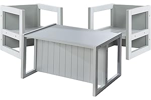 roba Sitzgruppe im Landhausstil für Kinder - 2 Hocker & Kindertisch - Umwandelbar zur Kinderbank - Kindersitzgruppe ab 2 Jahren - Holz grau