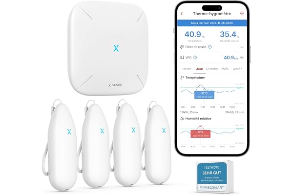 X-Sense Thermometre Interieur Connecté, WiFi Hygromètre Haute Précision avec Station de Base Suivi Température et Humidité Alertes App Exportation Données Portée 500 m Compatible Alexa, STH55