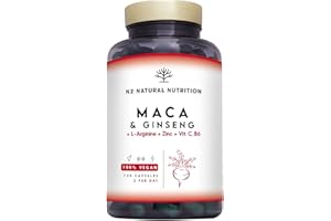 Maca Root + Ginseng + L Arginine. Triple Energy. Zinc + Vitamin C & B. Increases Sports Performance. Reduces Tiredness and Fatigue. Antioxidant. 120 Capsules. CE, Vegan. N2 Natural Nutrition