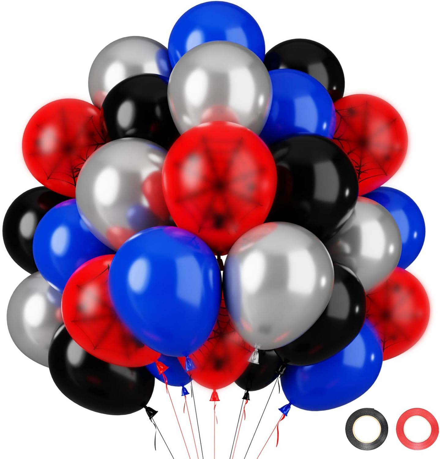 Ballons Noir Rouge Bleu Argent, 62 Pièces Ballons Anniversaire Spider | Spider Ballons de Baudruche Noir Rouge Bleu Argent, Helium Ballons pour Thème Spider Anniversaire Baby Shower Garçon Homme