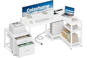 Coleshome Bureau d'angle avec Rangement, 140x80 cm Bureau en L avec Tiroirs en Tissu, Bureaux Gaming avec Prise électrique, Table d'étude Réversible pour Chambre, Blanc