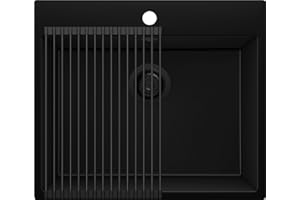PRIMAGRAN Evier Cuisine en Granit Tout Noir 58x50cm, Lavabo 1 bac + Kit de Vidage + Égouttoir Enroulable, Évier à Encastrer al mueble 60cm - Riga S219