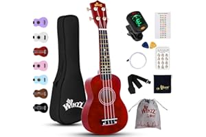 Winzz Ukelele Soprano Starter Kit para Principiante. Incluye: Funda, Afinador, Cuerdas Extra, Correa Ajustable, Púas, Pegatinas de notas, Guía de Acordes y Paño de pulido. Color: Marrón