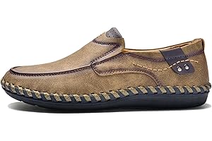 Hoefirm Men's Loafers Flat Leather Slippers Casual Slip on Shoes Breathable Moccasin Hand Stitched Walking Shoes