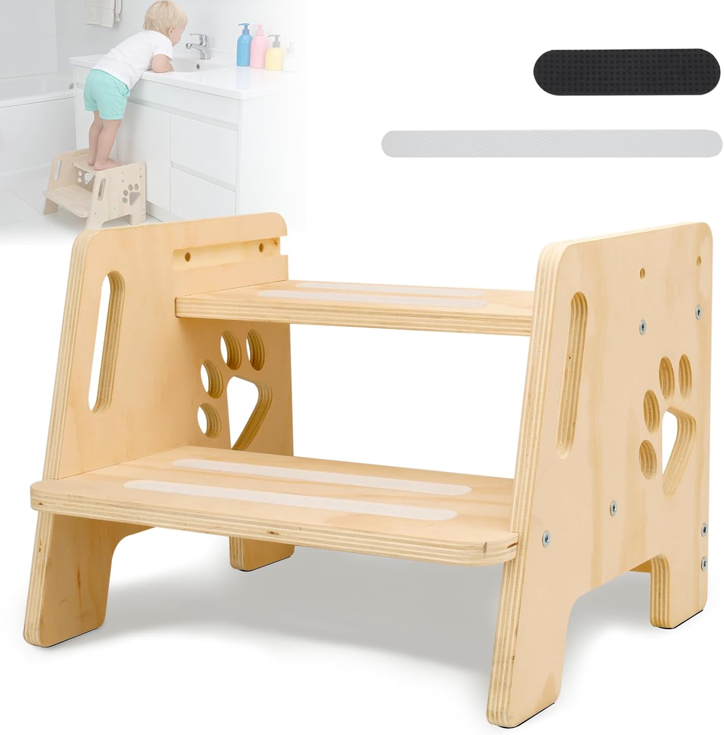 Escalón Infantil Taburete Infantil de Madera 2 Peldaños Altura Regulable Escalera con Asas Antideslizante para Baño Lavabo Cocina Dormitorio Entrenamiento de Inodoro para Niños