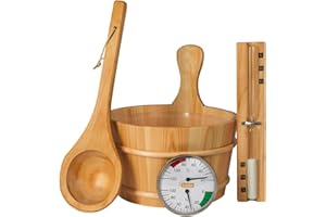 SunnyDeals klassisches Saunazubehörset | Saunaset 5-teilig aus naturbelassenem Holz | Saunaeimer & Kunststoffeinsatz 4l | Saunakelle | Temperaturmessgerät | Sanduhr