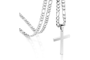 OUMI Cross Necklace for Men Women- Stainless Steel Pendant with 3:1 Figaro Chain -Silver 4/5/6 mm Width