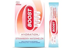 Boost Hydration Electrolytes Powder - Strawberry Watermelon Flavour - 15x Pack Sugar Free Electrolytes Sachets - Hydration Sachets with Vitamins - 100% Vegan