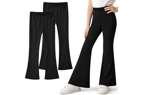 Domueay Flare leggings för flickor, set med 2, bomull ventilerande elastiska bootcut leggings, enfärgad, avslappnad, mjuk, dans, sport, utsvängda byxor, barnkläder, ålder 5–16 år