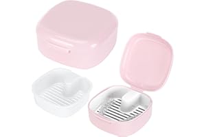 Zikenis Denture Box with Strainer, Braces Box, Denture Box, Portable Denture Box Cover, Denture Box Retainer, Protesal Container Tooth Rail Box for Holder, Cleaning Box (Pink)