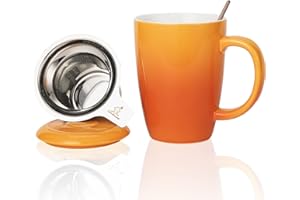 Tasse à Thé en Céramique avec Infuseur, Cuillère et Couvercle, 385ml, Candiicap Grande Tasse Infuseur à Thé pour Thé, Café, Lait-Va au Micro-ondes et au Lave-vaisselle (385ml,Orange Tropicale)