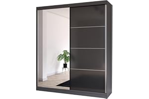Fabryka Mebli Idźczak Schiebetürenschrank, eleganter Kleiderschrank Schrank Garderobe Spiegel Multi 31-200 cm, Schlafzimmer- Wohnzimmerschrank Schiebetüren Modern Design (Graphit/Schwarz)
