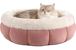 EDIMENS EDMIENS Small Cat bed, Round Cat Beds for Indoor Machine Washable, Kitten Bed Donut Fluffy Calming, Non Slip Reversible Cushion Pet Bed for Cats, Small Dog, Medium Puppy(45x45x16.5cm, Pink)