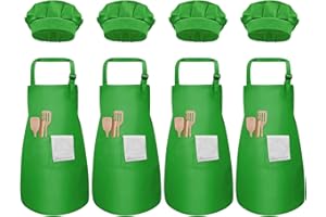 PTJJXA 4 Sets Children Chef Hat and Apron Age 3-12, Adjustable Boy Girl Apron and Elastic Cooking Hat, Child Painting Aprons with 2 Pockets, Toddler Chef Hat Apron Set for Crafting Baking Kitchen