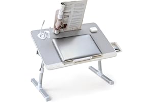 BTGGG Adjustable Laptop Stand Bed Table, Upgraded Multi-Angle Bed Desk, Height Adjustable Lap Desk with USB Ports & Side Drawer & Book Stand, Foldable Laptop Tray for Read, Food, Bed & Sofa, Grey