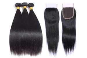 MUABY Straight Human Hair Bundles With Closure Brazilian Virgin Hair Weave Bundles Human Hair Free Part 4x4 Lace Closure Natural Color Can be Dyed 3 Bundles and Closure 10 12 14+10 Inch