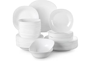 MALACASA, Serie Esmer, 48 tlg. Set Opalglas porzellanartiges Geschirrset Tafelservice Kombiservice Tellerset Essgeschirr mit je 12 Speiseteller, 12 Dessertteller, 12 Suppenteller, 12 Schüsseln Weiß