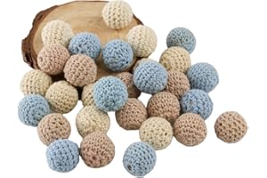 ARTLATU 30stk Häkelperlen Bunt 20mm Gehäkelt Holzperlen Runde Gehäkelte Perlen mit Loch zum Auffädeln Handgefertigt Natur Holzkugeln für DIY Schmuck Dekorationen Halskette Armband